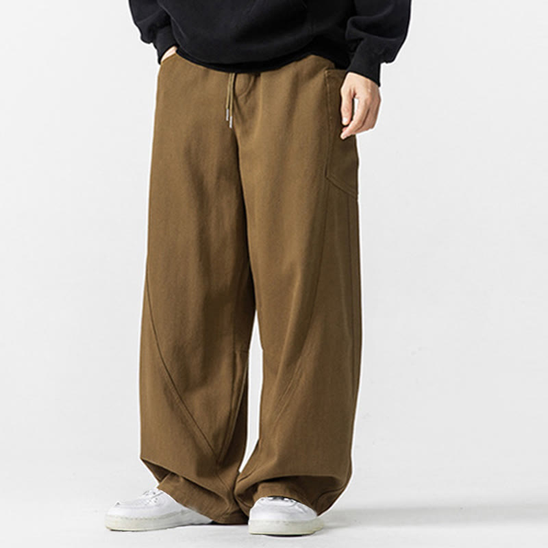 Buddha Stones Fall Pure Color Men's Wide Leg Cotton Drawstring Pants With Pockets