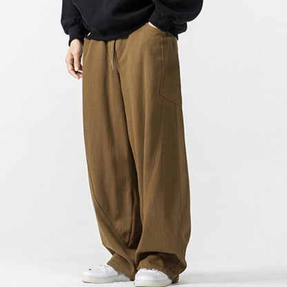 Buddha Stones Fall Pure Color Men's Wide Leg Cotton Drawstring Pants With Pockets
