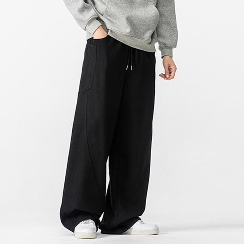 Buddha Stones Fall Pure Color Men's Wide Leg Cotton Drawstring Pants With Pockets