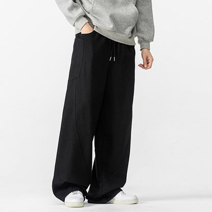 Buddha Stones Fall Pure Color Men's Wide Leg Cotton Drawstring Pants With Pockets