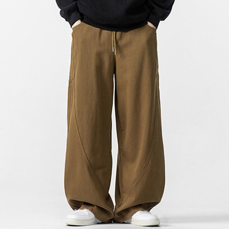 Buddha Stones Fall Pure Color Men's Wide Leg Cotton Drawstring Pants With Pockets