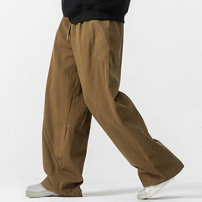 Buddha Stones Fall Pure Color Men's Wide Leg Cotton Drawstring Pants With Pockets