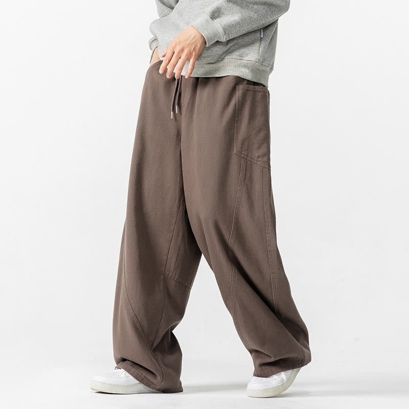Buddha Stones Fall Pure Color Men's Wide Leg Cotton Drawstring Pants With Pockets