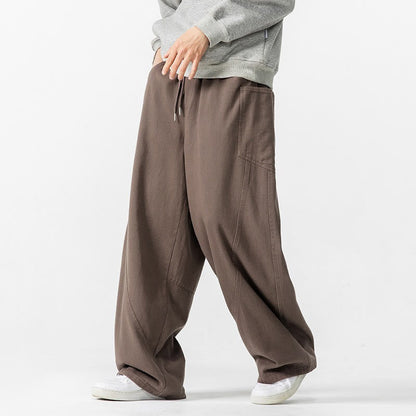 Buddha Stones Fall Pure Color Men's Wide Leg Cotton Drawstring Pants With Pockets
