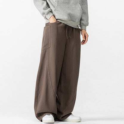 Buddha Stones Fall Pure Color Men's Wide Leg Cotton Drawstring Pants With Pockets
