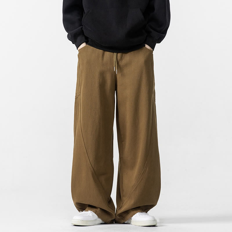 Buddha Stones Fall Pure Color Men's Wide Leg Cotton Drawstring Pants With Pockets