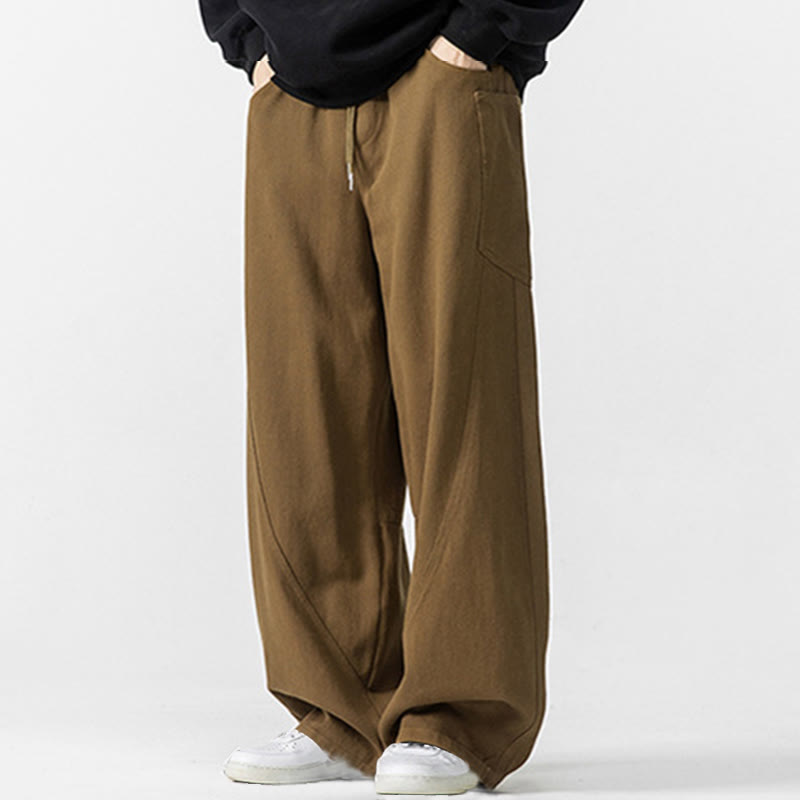 Buddha Stones Fall Pure Color Men's Wide Leg Cotton Drawstring Pants With Pockets