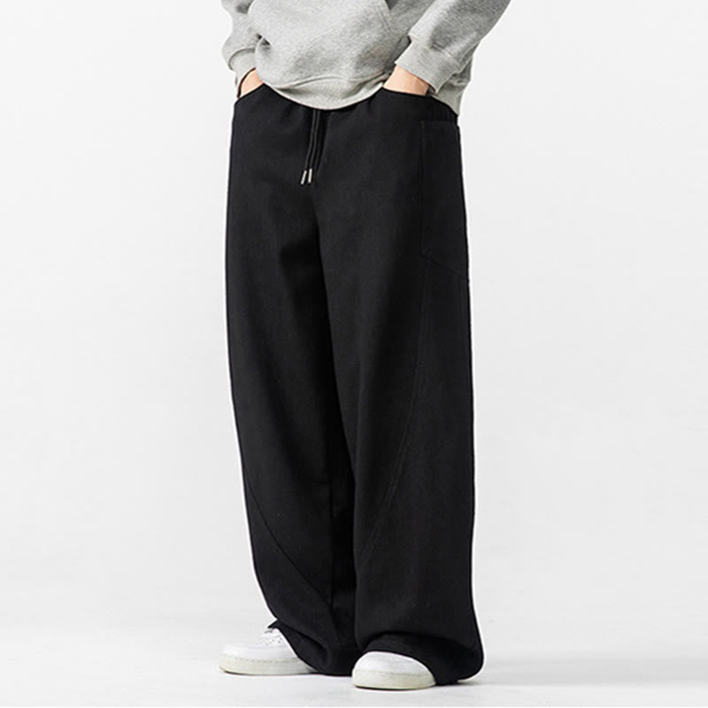 Buddha Stones Fall Pure Color Men's Wide Leg Cotton Drawstring Pants With Pockets