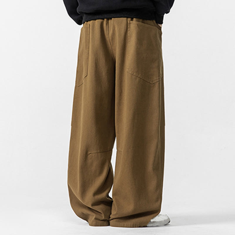 Buddha Stones Fall Pure Color Men's Wide Leg Cotton Drawstring Pants With Pockets
