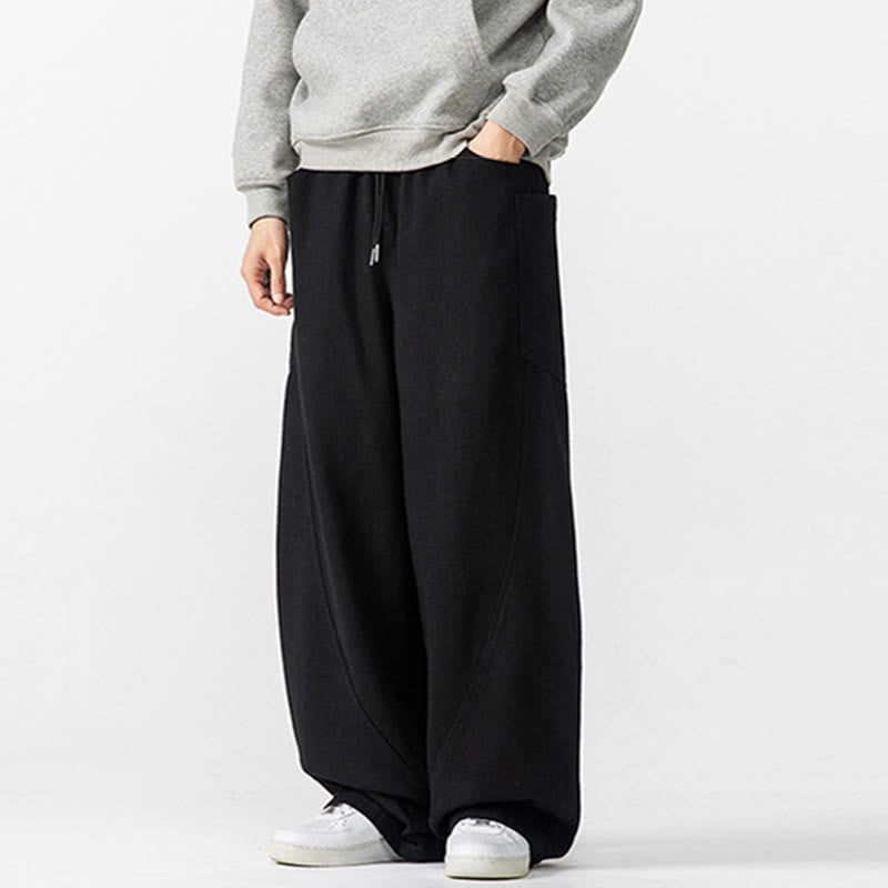 Buddha Stones Fall Pure Color Men's Wide Leg Cotton Drawstring Pants With Pockets