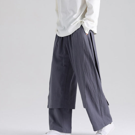 Buddha Stones Plain Patchwork Design Men's Cotton Pants With Pockets