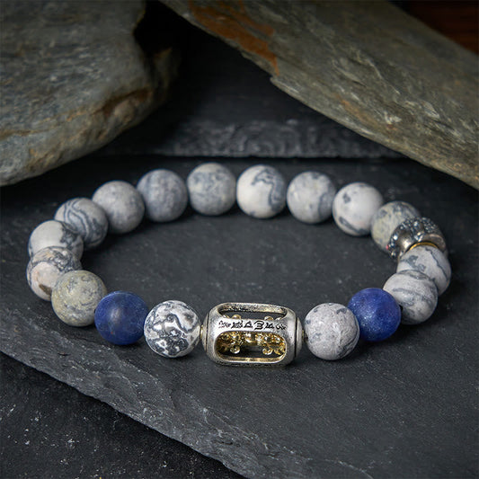 Buddha Stones Natural Grey Jasper Sodalite Om Mani Padme Hum Buddha Face Healing Bracelet