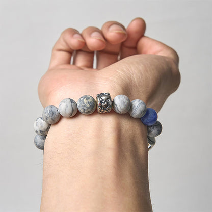 Buddha Stones Natural Grey Jasper Sodalite Om Mani Padme Hum Buddha Face Healing Bracelet