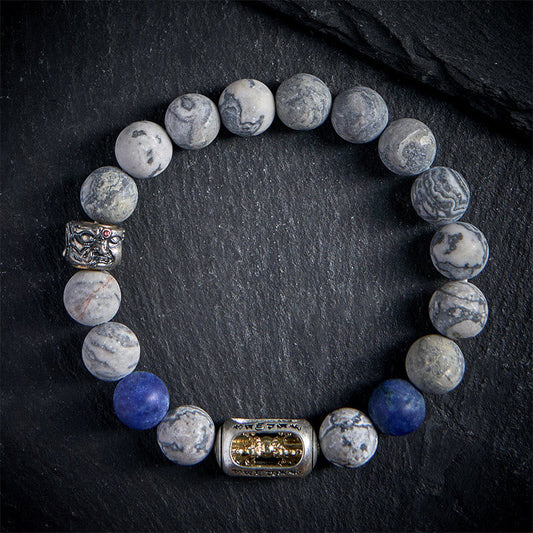 Buddha Stones Natural Grey Jasper Sodalite Om Mani Padme Hum Buddha Face Healing Bracelet