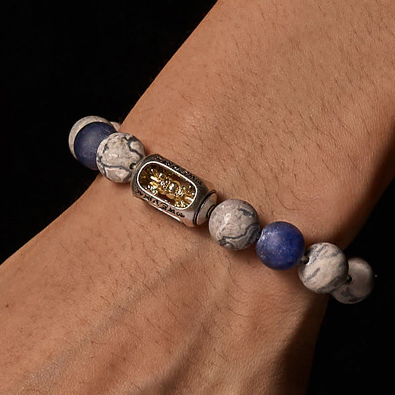 Buddha Stones Natural Grey Jasper Sodalite Om Mani Padme Hum Buddha Face Healing Bracelet