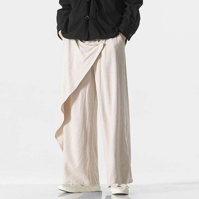 Buddha Stones Asymmetrical Patched Design Plain Men's Cotton Pants With Pockets