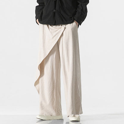 Buddha Stones Asymmetrical Patched Design Plain Men's Cotton Pants With Pockets
