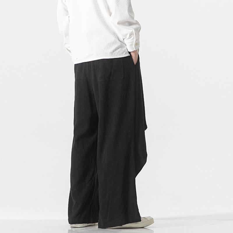 Buddha Stones Asymmetrical Patched Design Plain Men's Cotton Pants With Pockets