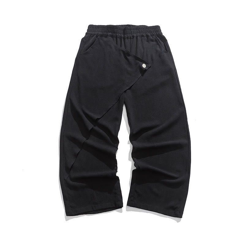 Buddha Stones Asymmetrical Patched Design Plain Men's Cotton Pants With Pockets