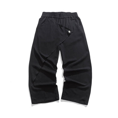 Buddha Stones Asymmetrical Patched Design Plain Men's Cotton Pants With Pockets