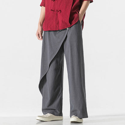 Buddha Stones Asymmetrical Patched Design Plain Men's Cotton Pants With Pockets