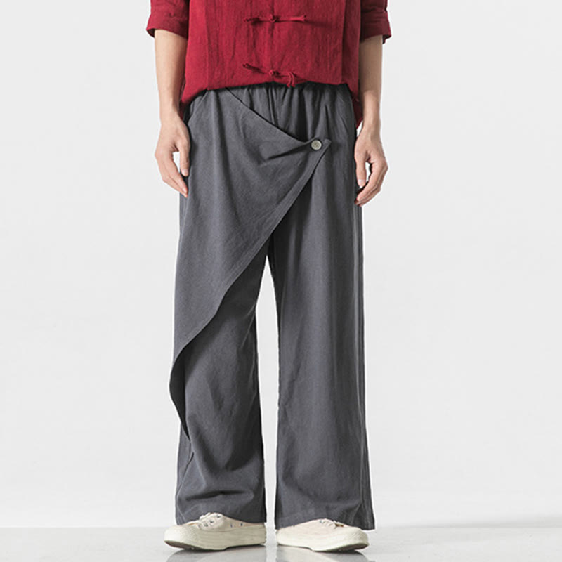 Buddha Stones Asymmetrical Patched Design Plain Men's Cotton Pants With Pockets