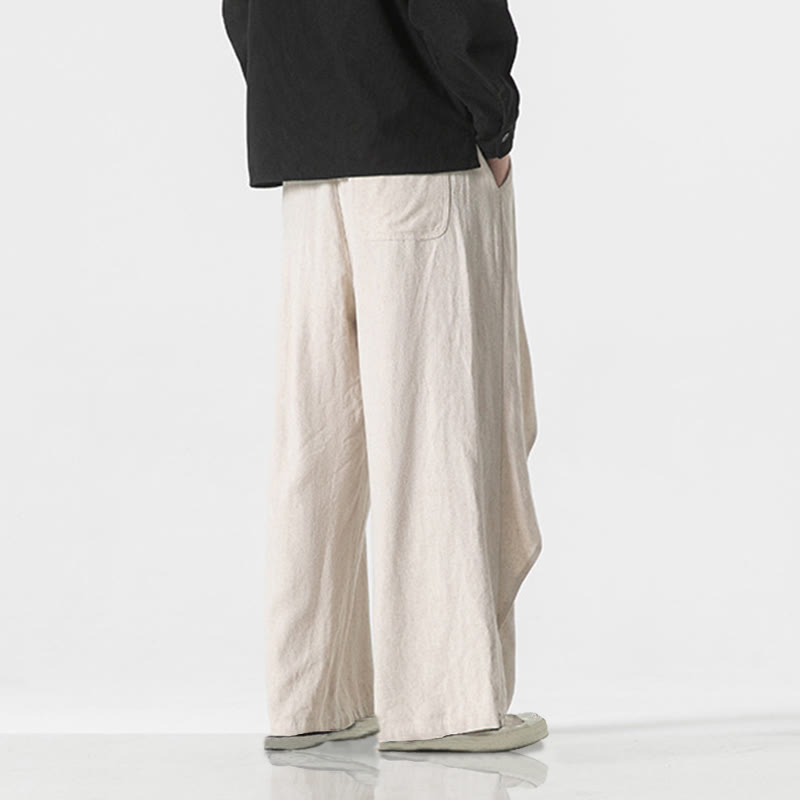 Buddha Stones Asymmetrical Patched Design Plain Men's Cotton Pants With Pockets