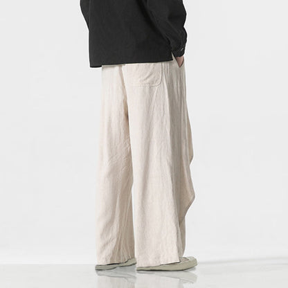 Buddha Stones Asymmetrical Patched Design Plain Men's Cotton Pants With Pockets