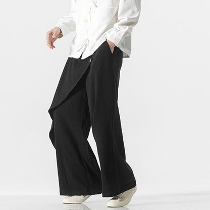 Buddha Stones Asymmetrical Patched Design Plain Men's Cotton Pants With Pockets