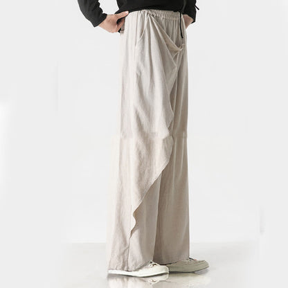 Buddha Stones Asymmetrical Patched Design Plain Men's Cotton Pants With Pockets