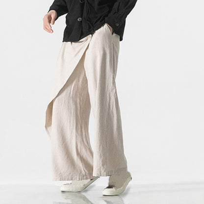 Buddha Stones Asymmetrical Patched Design Plain Men's Cotton Pants With Pockets