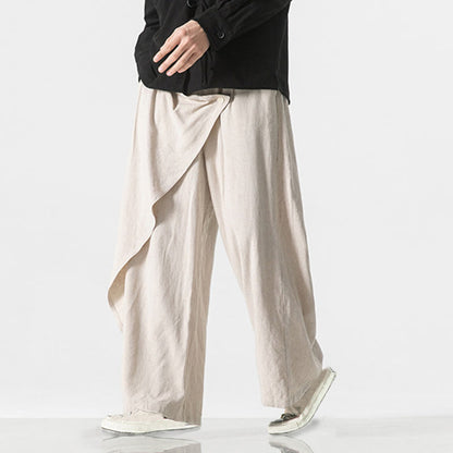 Buddha Stones Asymmetrical Patched Design Plain Men's Cotton Pants With Pockets