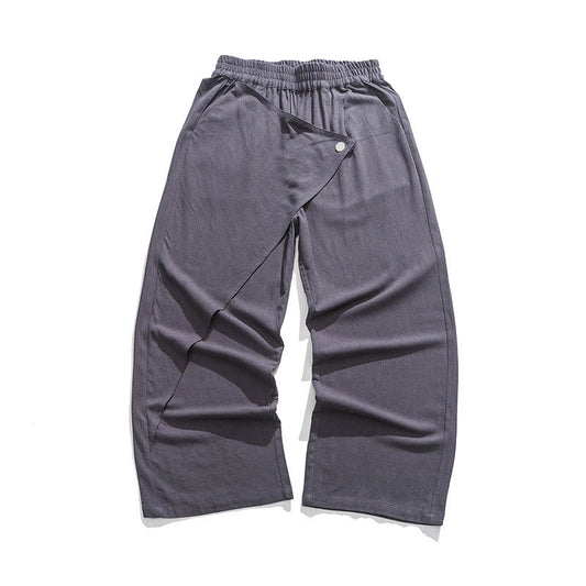 Buddha Stones Asymmetrical Patched Design Plain Men's Cotton Pants With Pockets