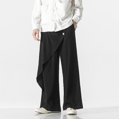 Buddha Stones Asymmetrical Patched Design Plain Men's Cotton Pants With Pockets