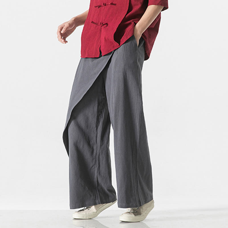 Buddha Stones Asymmetrical Patched Design Plain Men's Cotton Pants With Pockets
