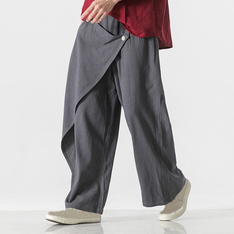 Buddha Stones Asymmetrical Patched Design Plain Men's Cotton Pants With Pockets