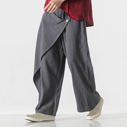 Buddha Stones Asymmetrical Patched Design Plain Men's Cotton Pants With Pockets