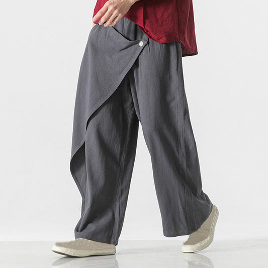 Buddha Stones Asymmetrical Patched Design Plain Men's Cotton Pants With Pockets