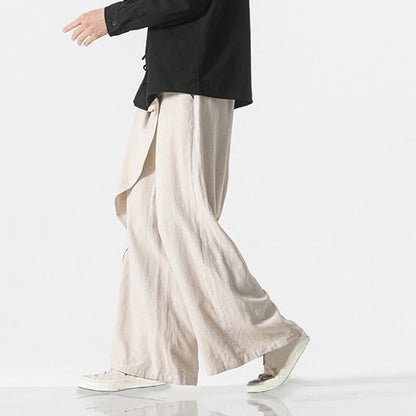 Buddha Stones Asymmetrical Patched Design Plain Men's Cotton Pants With Pockets