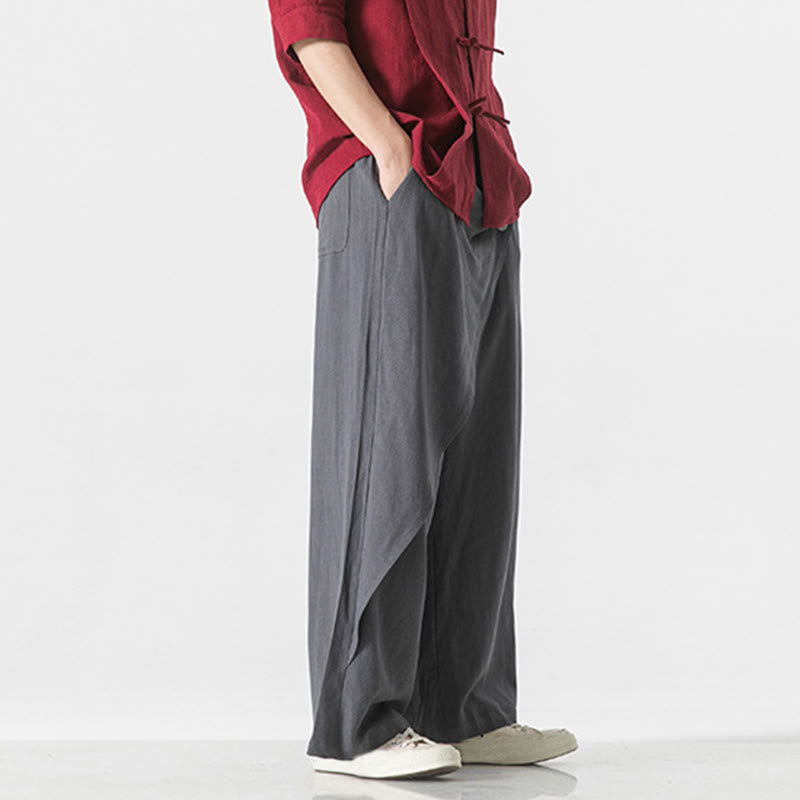 Buddha Stones Asymmetrical Patched Design Plain Men's Cotton Pants With Pockets