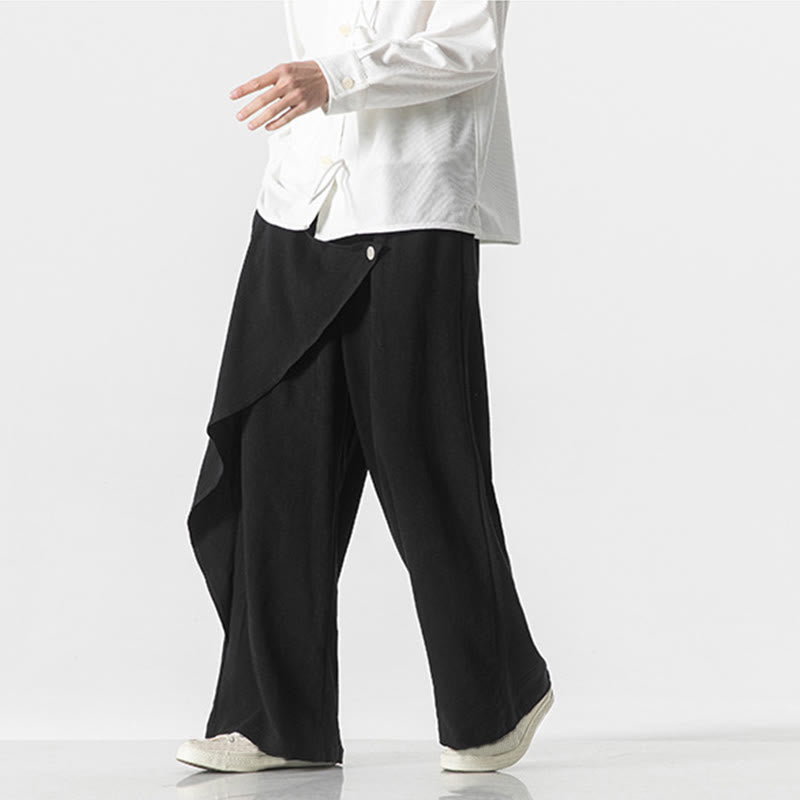 Buddha Stones Asymmetrical Patched Design Plain Men's Cotton Pants With Pockets