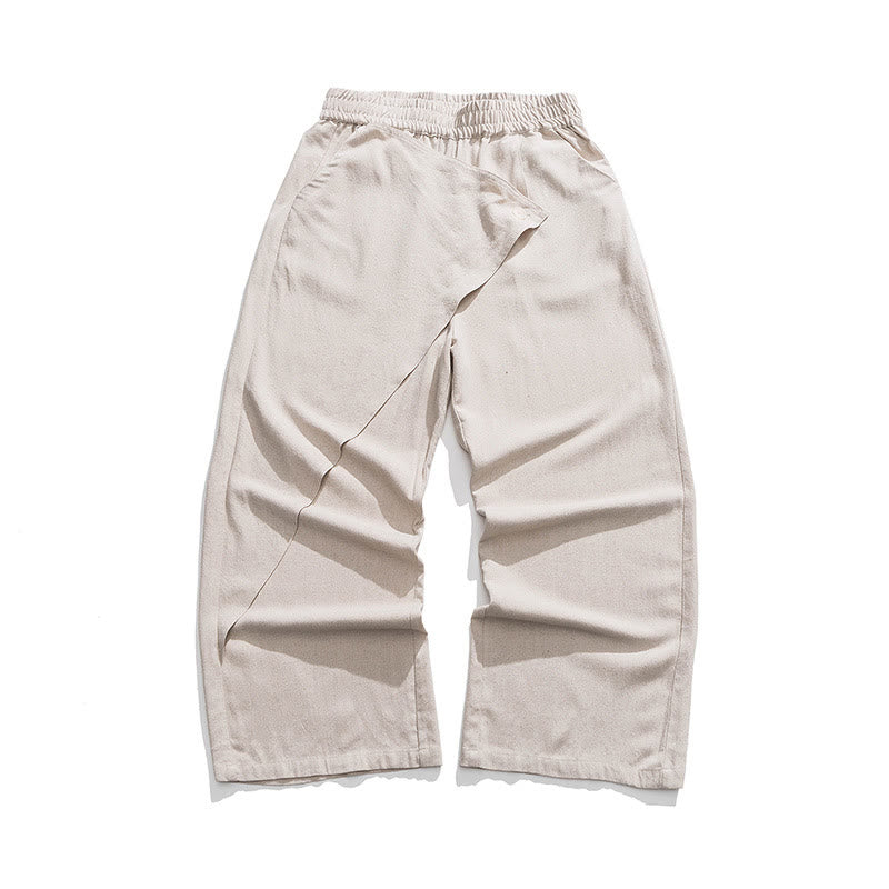 Buddha Stones Asymmetrical Patched Design Plain Men's Cotton Pants With Pockets