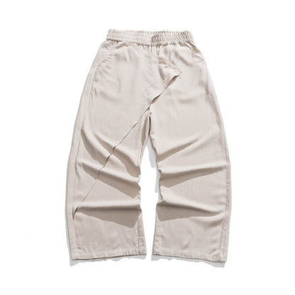 Buddha Stones Asymmetrical Patched Design Plain Men's Cotton Pants With Pockets