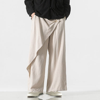 Buddha Stones Asymmetrical Patched Design Plain Men's Cotton Pants With Pockets