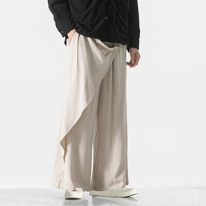 Buddha Stones Asymmetrical Patched Design Plain Men's Cotton Pants With Pockets