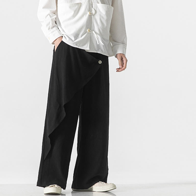 Buddha Stones Asymmetrical Patched Design Plain Men's Cotton Pants With Pockets