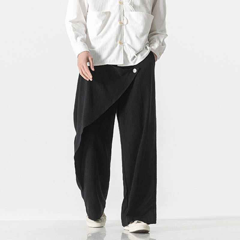 Buddha Stones Asymmetrical Patched Design Plain Men's Cotton Pants With Pockets