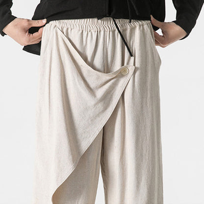 Buddha Stones Asymmetrical Patched Design Plain Men's Cotton Pants With Pockets