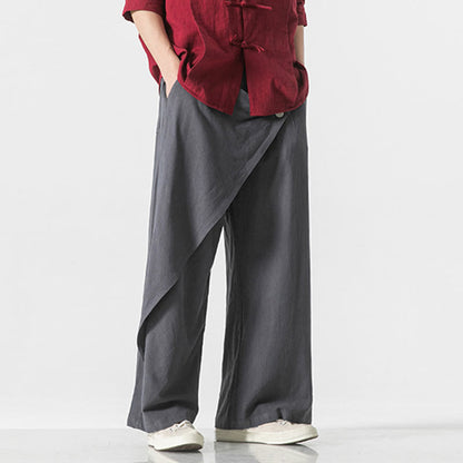 Buddha Stones Asymmetrical Patched Design Plain Men's Cotton Pants With Pockets