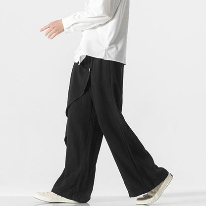 Buddha Stones Asymmetrical Patched Design Plain Men's Cotton Pants With Pockets